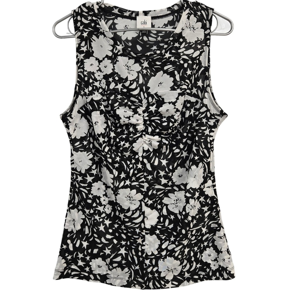 Cabi 6105 Womens Small Black White Floral Star Mesh Ruched Sleeveless Top Tank‎
